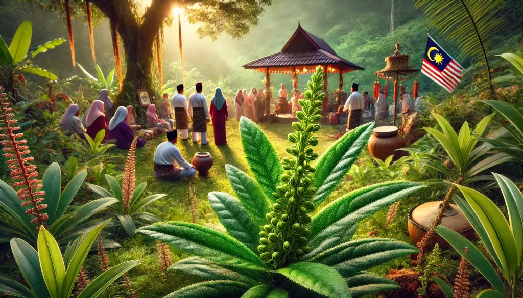 Kacip Fatimah növény malajziai zászlóval a háttérben