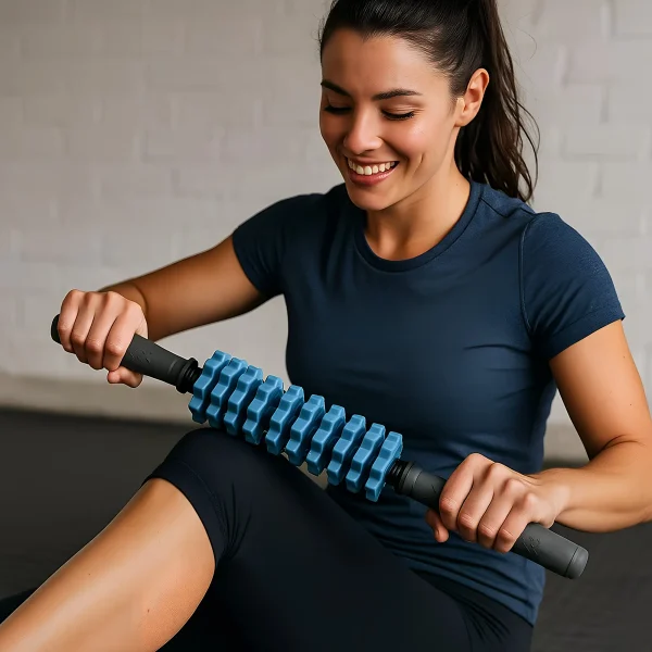 Egy sportos nő használja az Umbro masszázsrudat