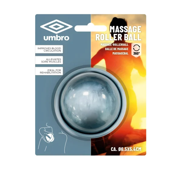 Az Umbro masszázsgolyó eredeti csomagolásában, útmutatásokkal, elölnézetből