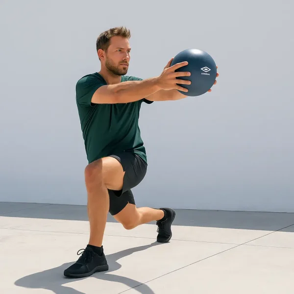 Egy fiatal férfi szabadtéren tréningezik az Umbro pilates labdával