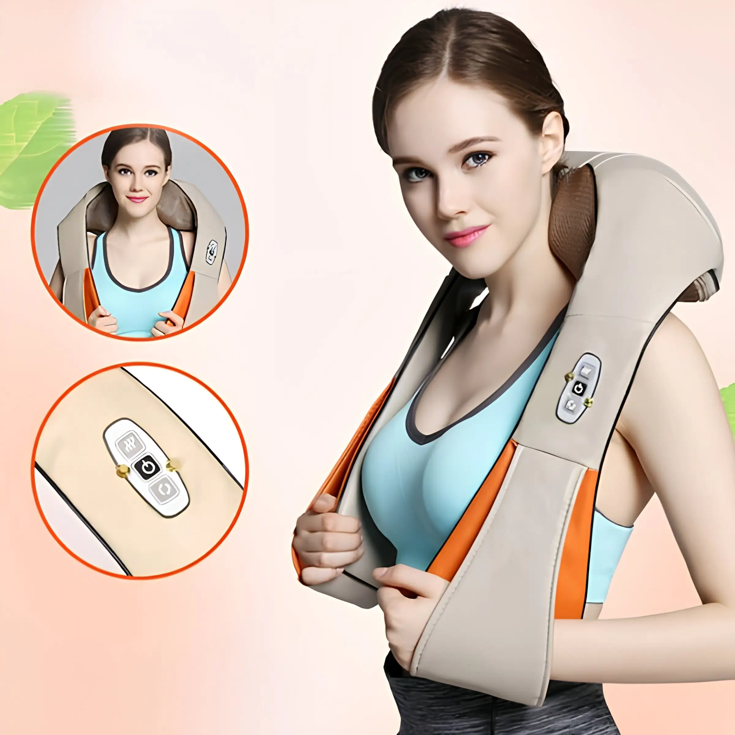 A nyakmasszírozó látható egy lány nyakában, két kisebb képpel, ami a használatot, illetve a bekapcsoló gombot prezentálja