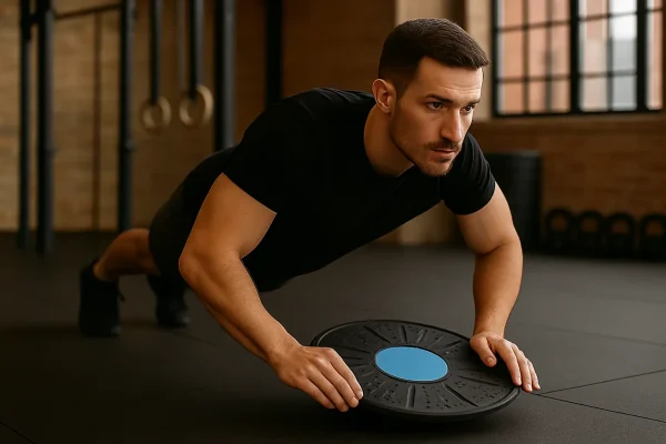 Egy sportos férfi tornázik az egyensúlyozó korong segítségével