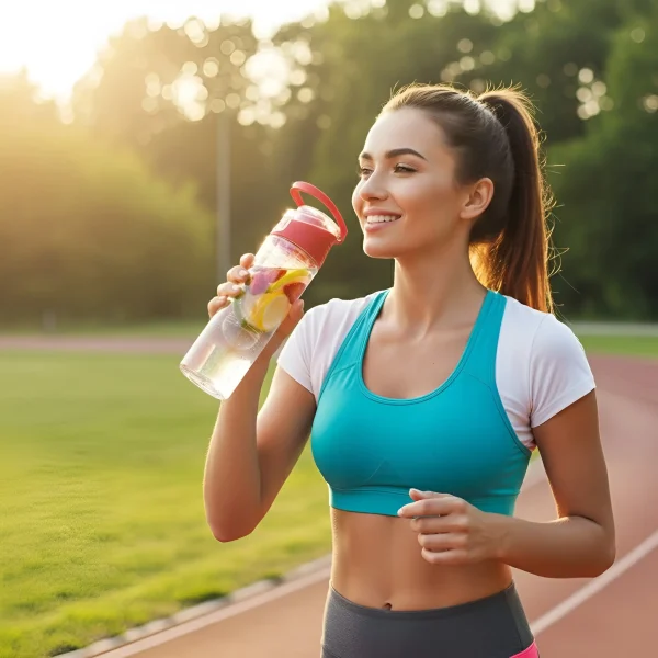 Egy csinos nő futás közben megáll, hogy igyon az infuser kulacsból