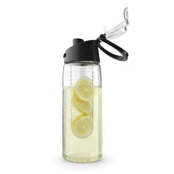 Infuser kulacs fekete színű kupakkal, citrommal a belsejében