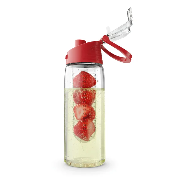 Csatos infuser kulacs piros kupakkal és eperrel az infuser hengerben