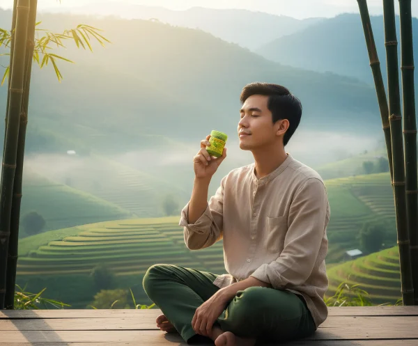 Egy fiatal férfi mutatja be az inhalátor alkalmazását természetes thai környezetben