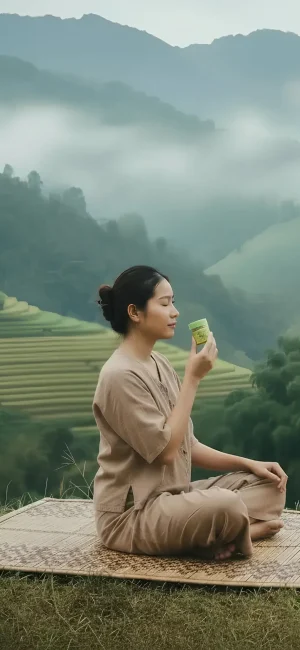 Egy gyönyörű thai nő használja a gyógynövényes inhalátort természetes thai környezetben